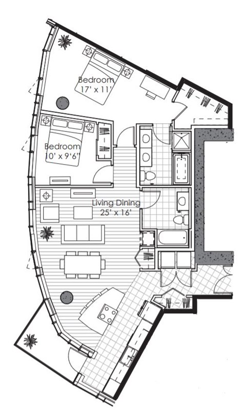 Floor plan for 2 beds, 2 baths, 1275 sqft